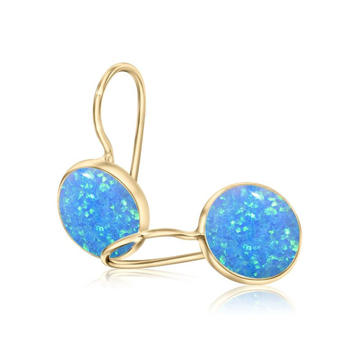 14K Yellow Gold Round Blue Opal 8mm Dangle Earrings