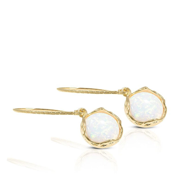 Gold Plated Round White Opal 12mm Dangle Earrings