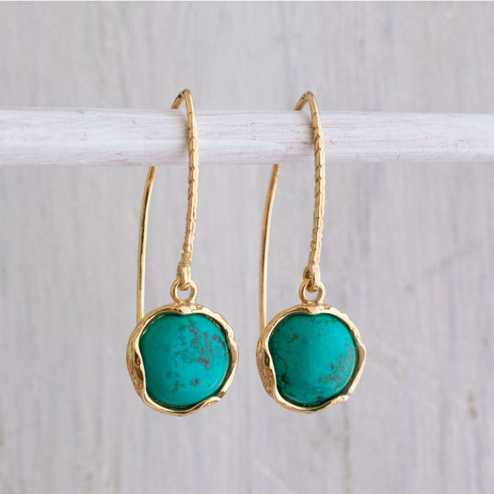 Yellow Gold Plated Drop Earrings Inlaid with Turquoise