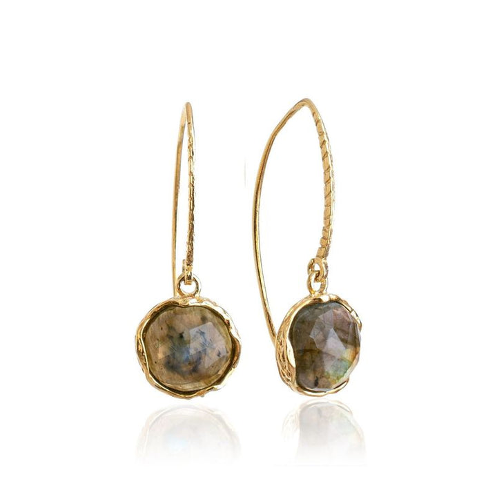 Gold Plated Round Labradorite Rose Cut 12mm Dangle Earrings