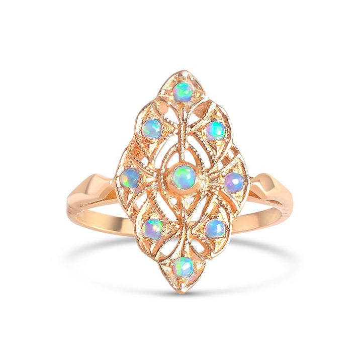 14K Rose gold Victorian Multistone Marquise Ring With 2mm Blue Opal