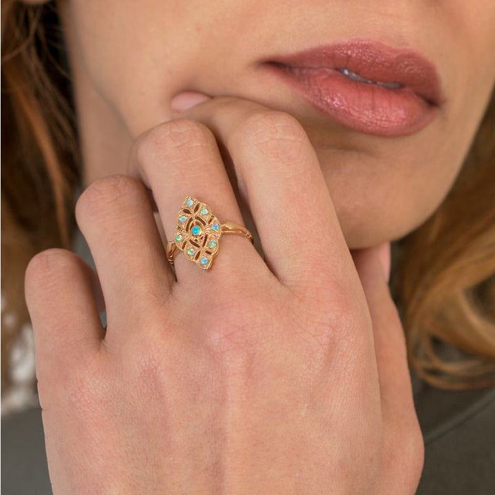 14K Rose gold Victorian Multistone Marquise Ring With 2mm Blue Opal