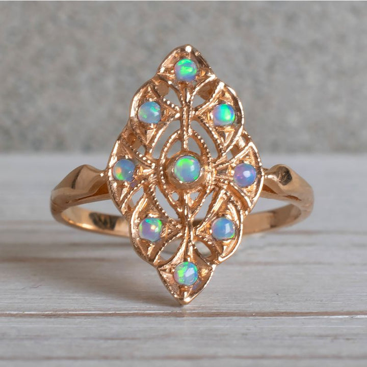 14K Rose gold Victorian Multistone Marquise Ring With 2mm Blue Opal