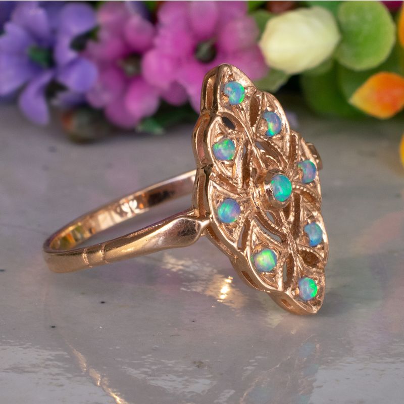 14K Rose gold Victorian Multistone Marquise Ring With 2mm Blue Opal