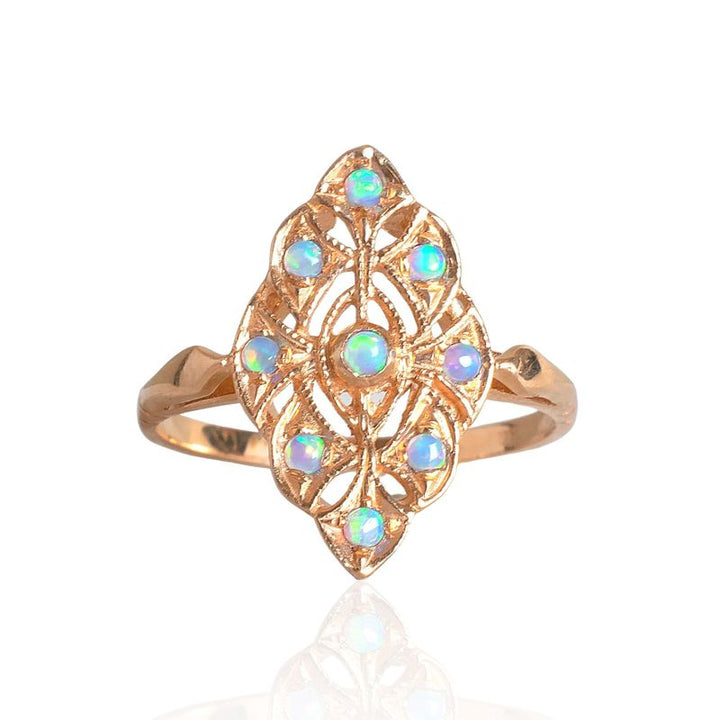 14K Rose gold Victorian Multistone Marquise Ring With 2mm Blue Opal