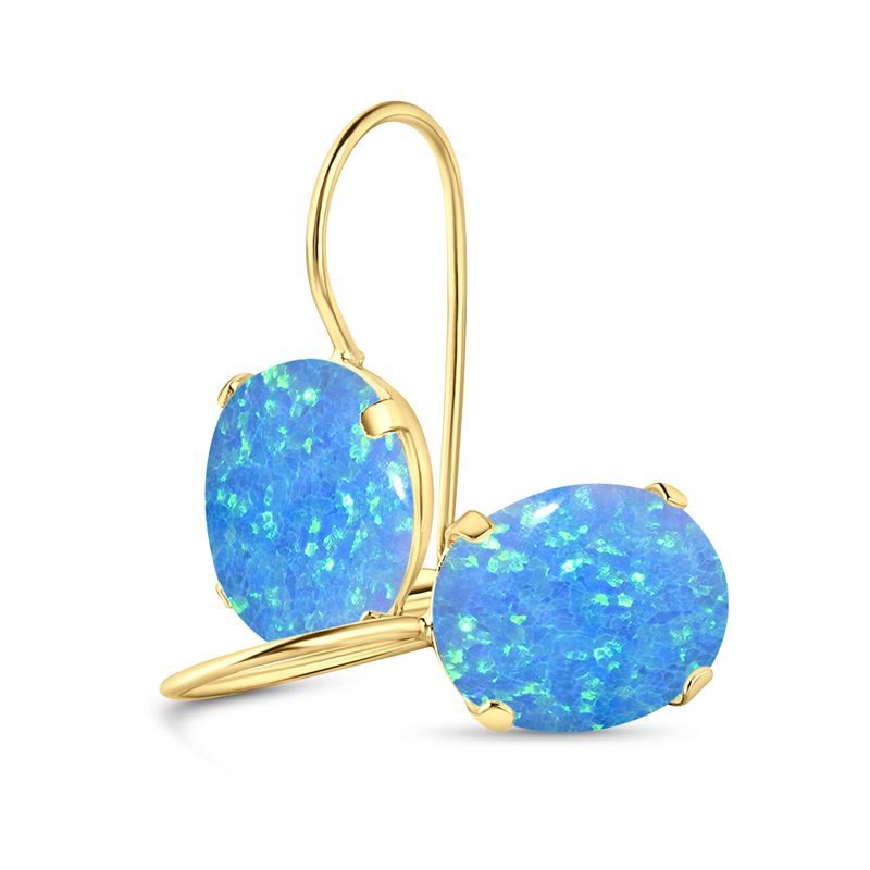14K Yellow Gold Oval Blue Opal 6X8mm Dangle Earrings