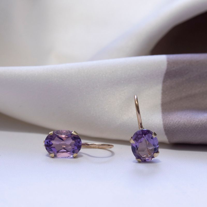 14K Yellow Gold Oval Purple Amethyst 6X8mm Dangle Earrings