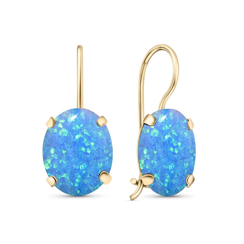 14K Yellow Gold Oval Blue Opal 8X10mm Dangle Earrings