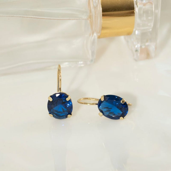 14K Yellow Gold Oval Blue Cubic Zirconia 8X10mm Dangle Earrings