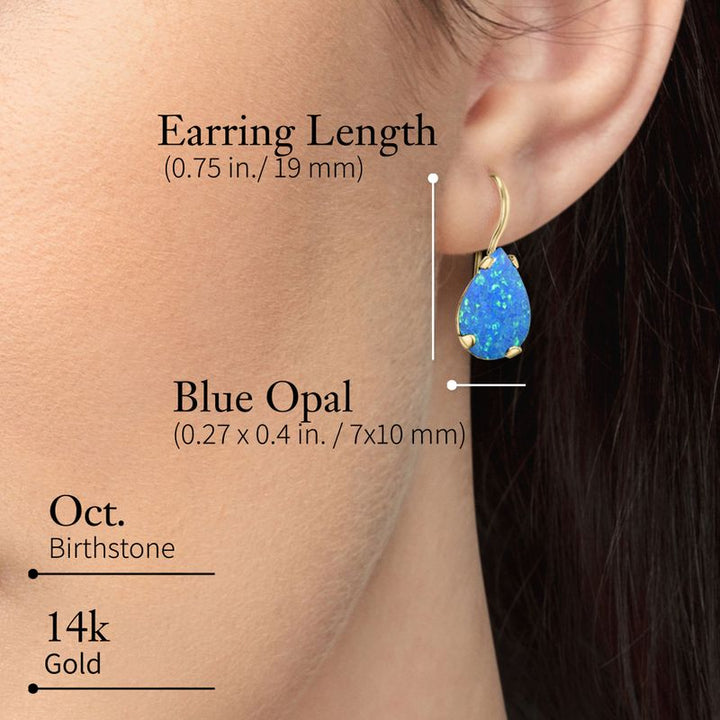 14K Yellow Gold Teardrop Blue Opal 7X10mm Dangle Earrings