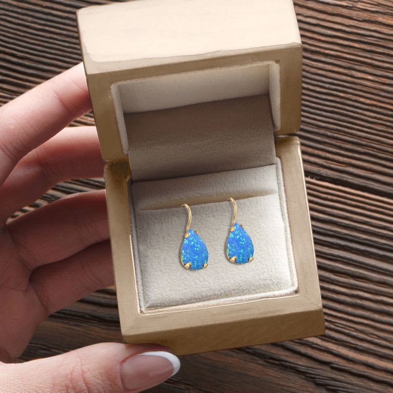 14K Yellow Gold Teardrop Blue Opal 7X10mm Dangle Earrings