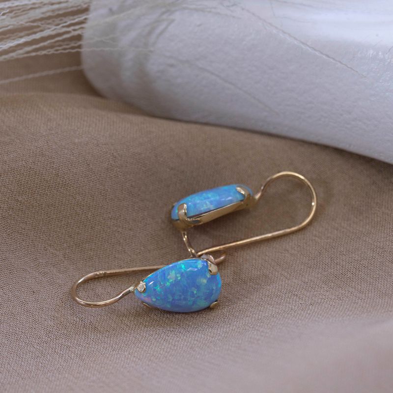 14K Yellow Gold Teardrop Blue Opal 7X10mm Dangle Earrings