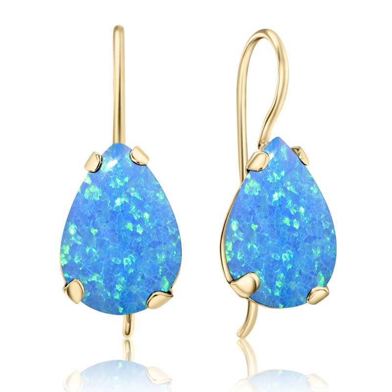 14K Yellow Gold Teardrop Blue Opal 7X10mm Dangle Earrings