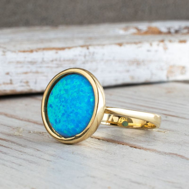 14K Yellow Gold Round Blue Opal 14mm Ring
