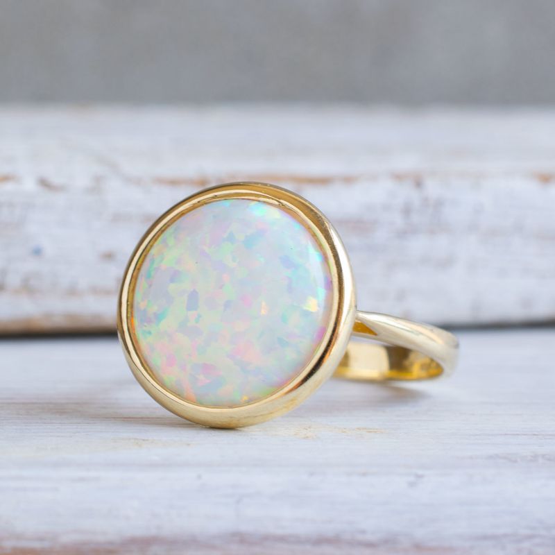 14K Yellow Gold Round White Opal 14mm Ring