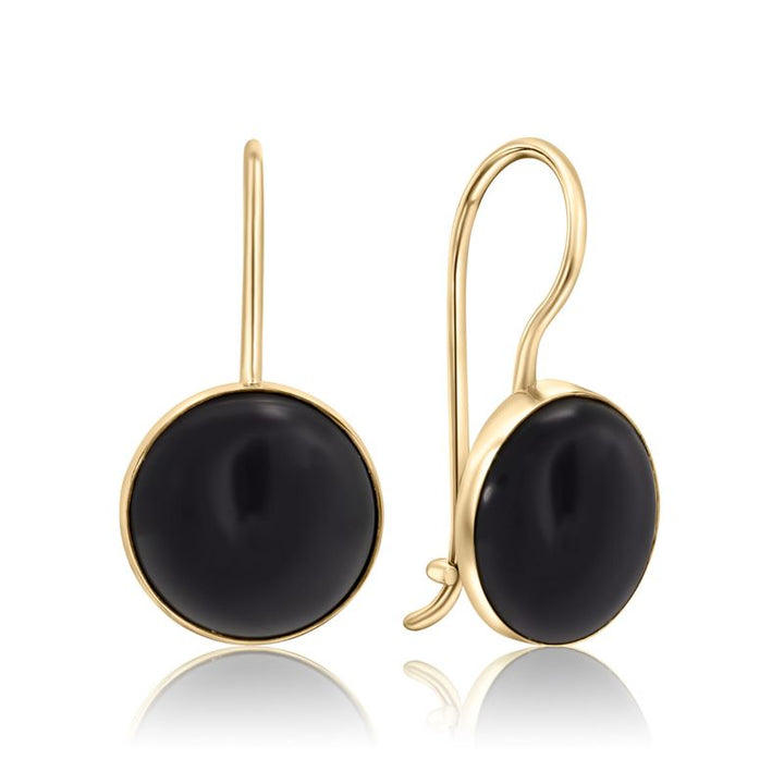 14K Gold Round 8mm Black Onyx Dangle Earrings