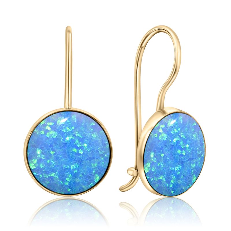 14K Yellow Gold Round Blue Opal 8mm Dangle Earrings