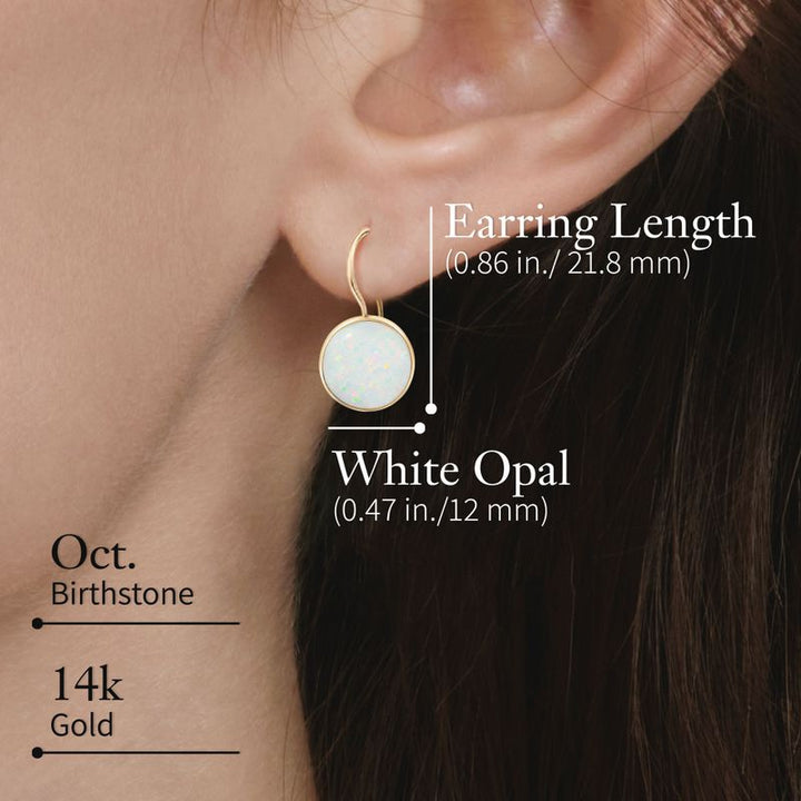 14K Yellow Gold Round White Opal 8mm Dangle Earrings