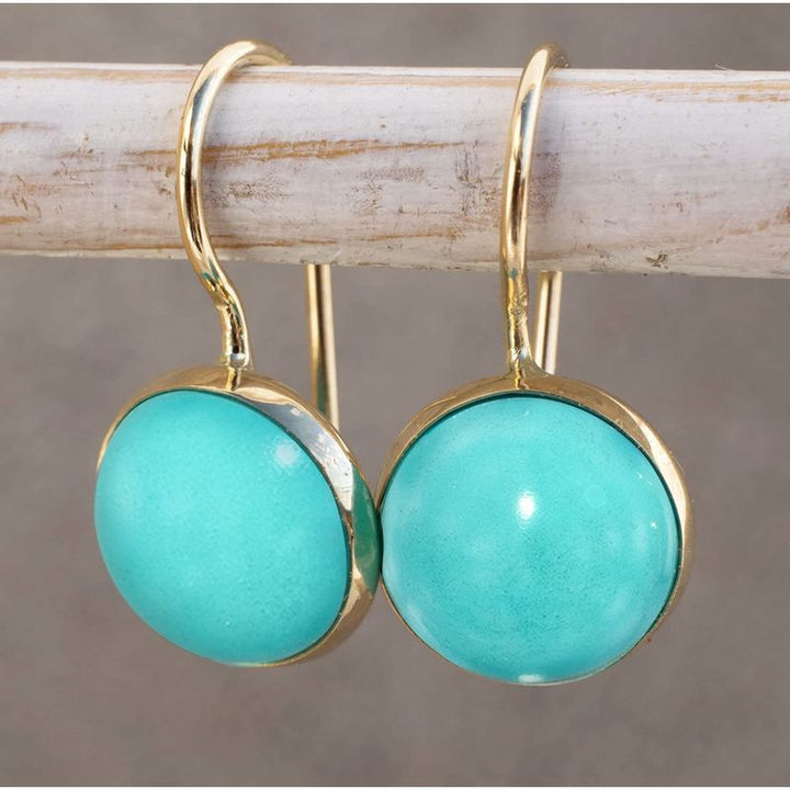 14K Gold Round 8mm Turquoise Dangle Earrings