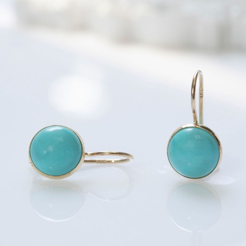 14K Gold Round 8mm Turquoise Dangle Earrings