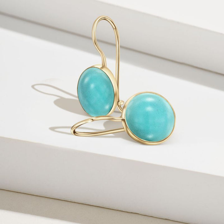 14K Gold Round 8mm Turquoise Dangle Earrings