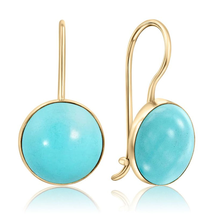 14K Gold Round 8mm Turquoise Dangle Earrings