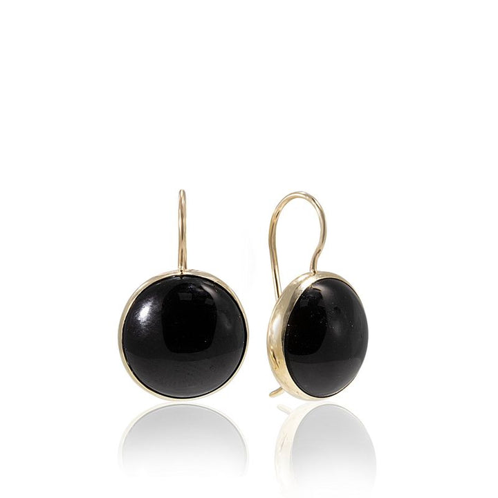 14K Gold Round 12mm Black Onyx Dangle Earrings