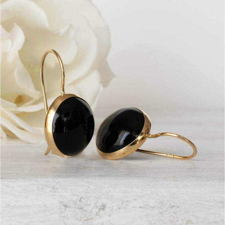 14K Gold Round 12mm Black Onyx Dangle Earrings