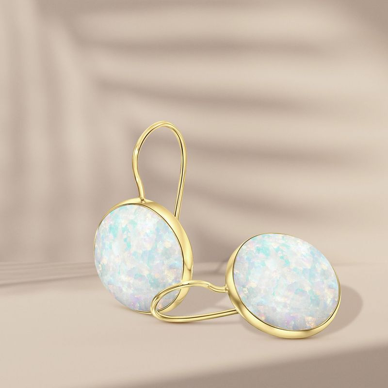 14K Yellow Gold Round White Opal 12mm Dangle Earrings