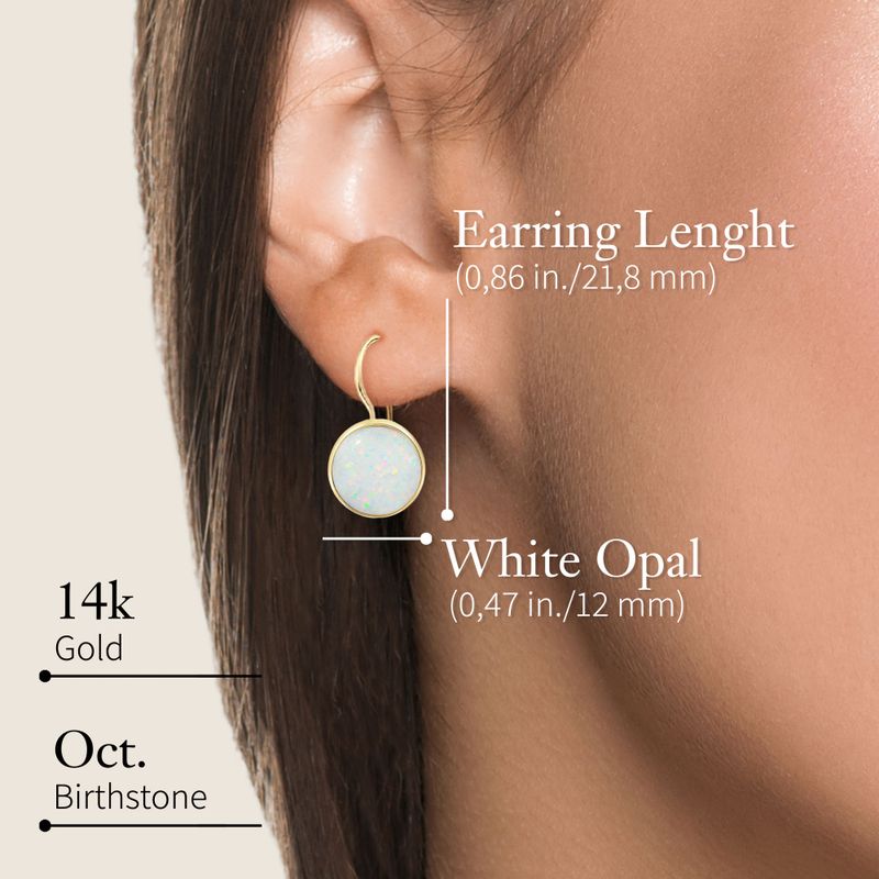 14K Yellow Gold Round White Opal 12mm Dangle Earrings