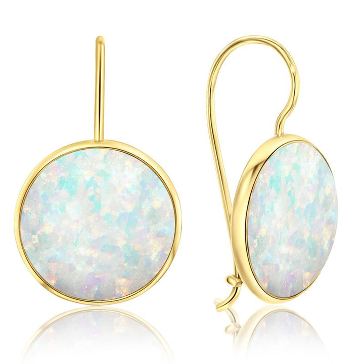 14K Yellow Gold Round White Opal 12mm Dangle Earrings