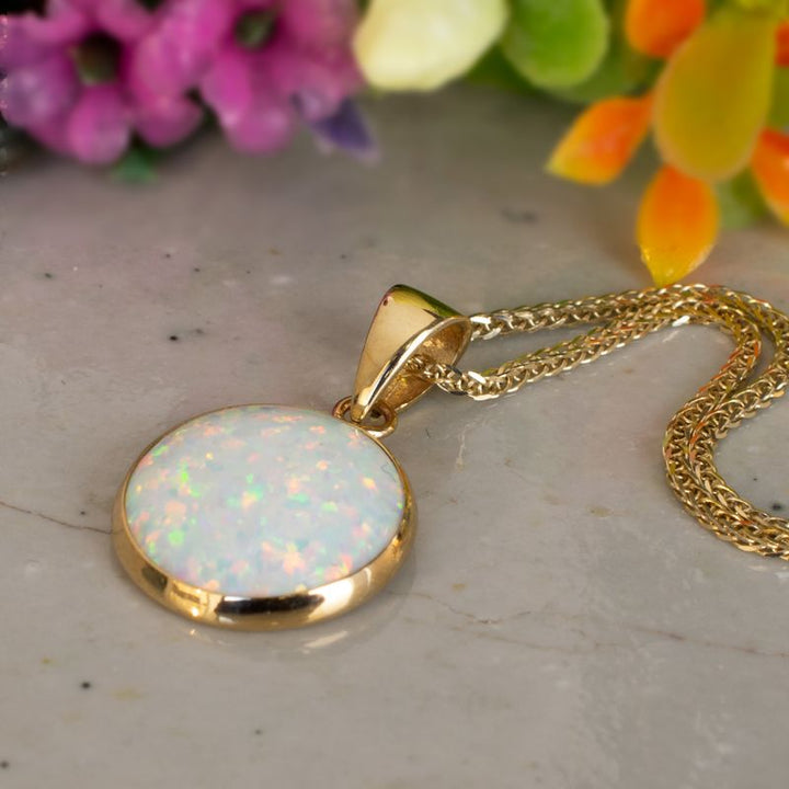 14K Yellow Gold 8mm White Opal Pendant