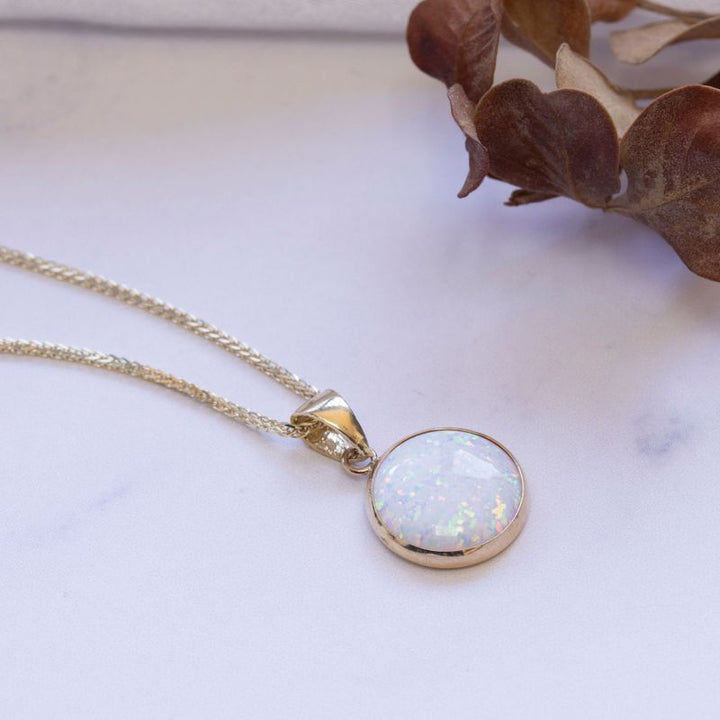 14K Yellow Gold 12mm White Opal Pendant