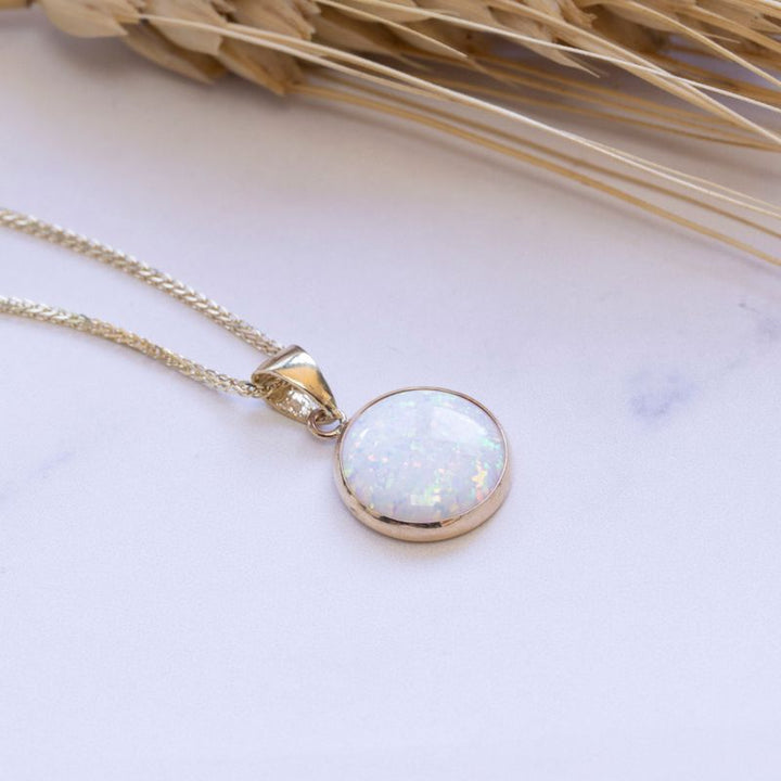 14K Yellow Gold 12mm White Opal Pendant