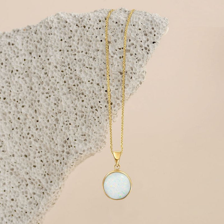 14K Yellow Gold 12mm White Opal Pendant