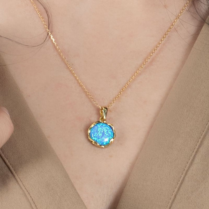 14K Yellow Gold 12mm Blue Opal Vintage Pendant