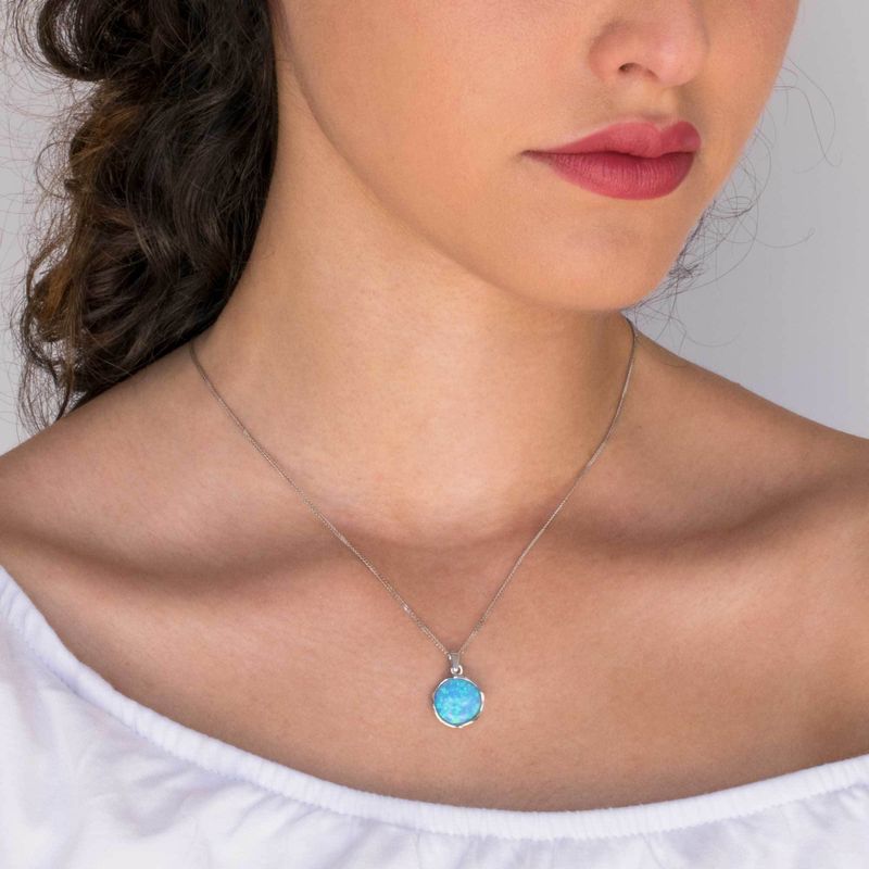 14K White gold Round Blue Opal Pendant - Vintage Jewelry , Handmade 