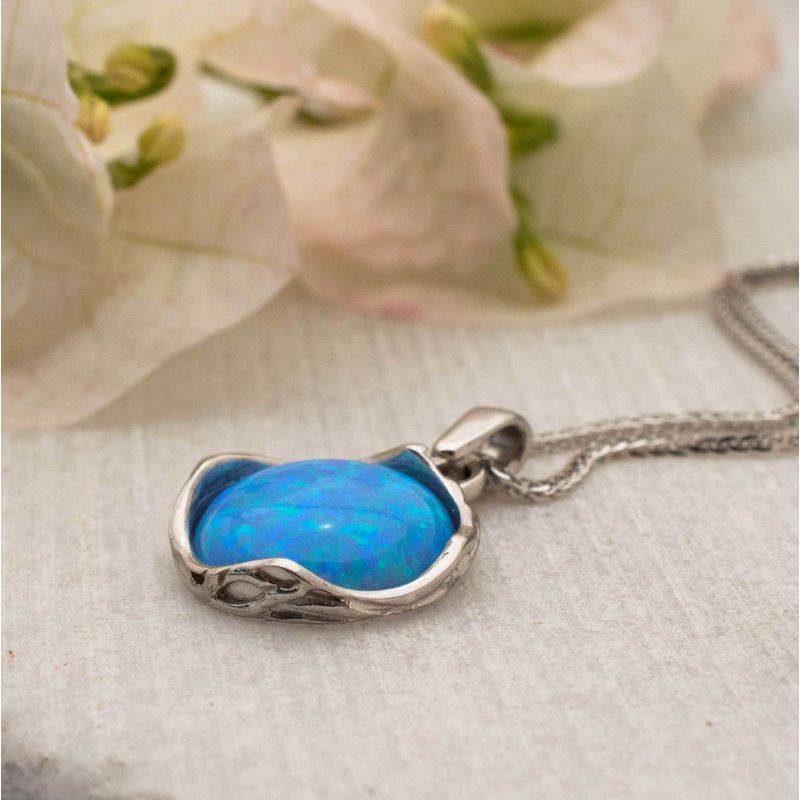 14K White gold Round Blue Opal Pendant - Vintage Jewelry , Handmade 