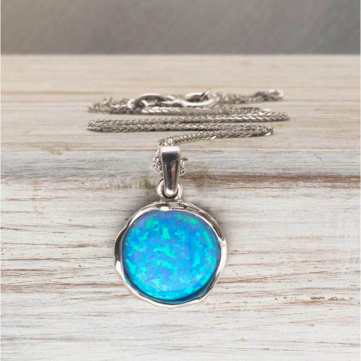 14K White gold Round Blue Opal Pendant - Vintage Jewelry , Handmade 