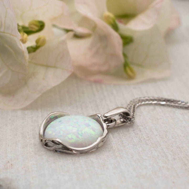 14K White Gold Round White Opal 12mm Pendant