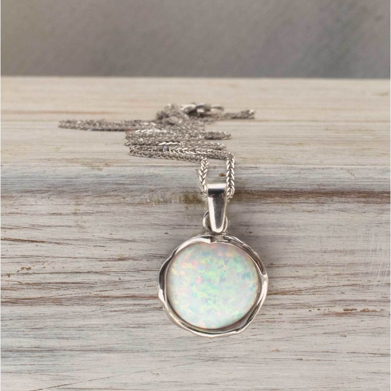 14K White Gold Round White Opal 12mm Pendant