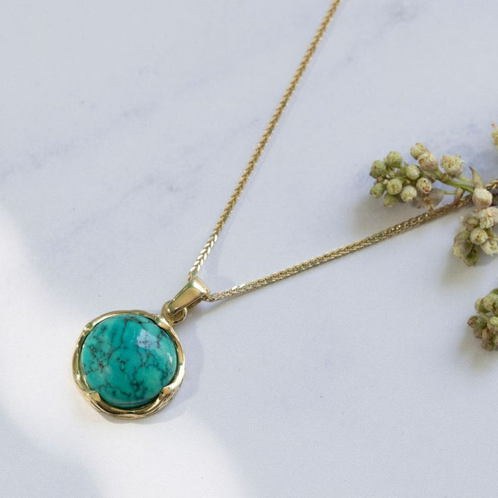 14K Yellow Gold Round Turquoise 12mm Pendant