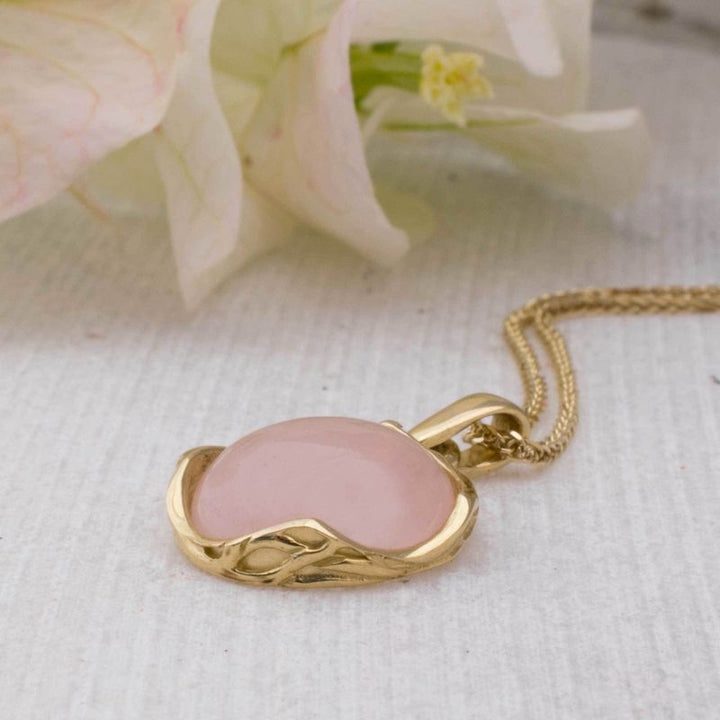 14K Yellow Gold Round Pink Rose Quartz 12mm Pendant