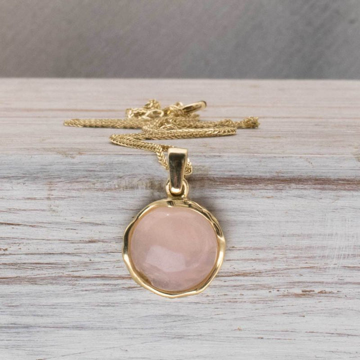 14K Yellow Gold Round Pink Rose Quartz 12mm Pendant