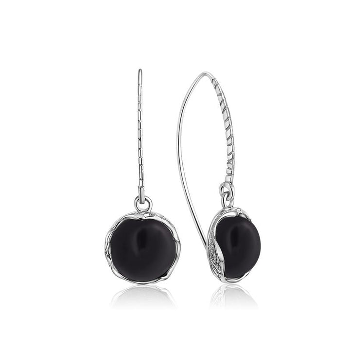 925 Sterling Silver Round Black Onyx 12mm Dangle Earrings
