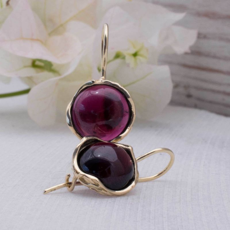 14K Yellow Gold Round Red Garnet 12mm Dangle Earrings