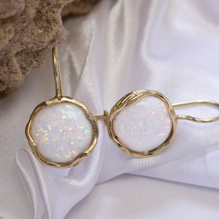 14k Solid Gold 12mm White Opal Vintage Earrings