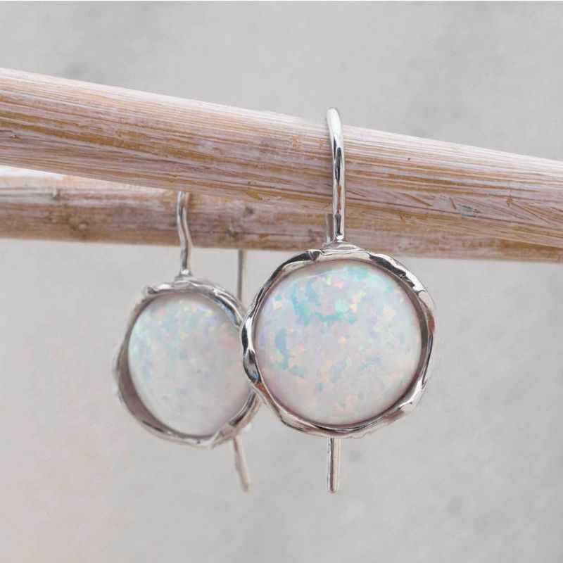 14K White Gold Round White Opal 12mm Dangle Earrings