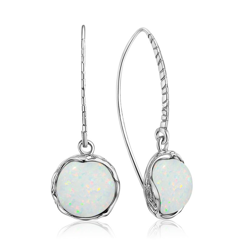 925 Sterling Silver Round White Opal 12mm Dangle Earrings