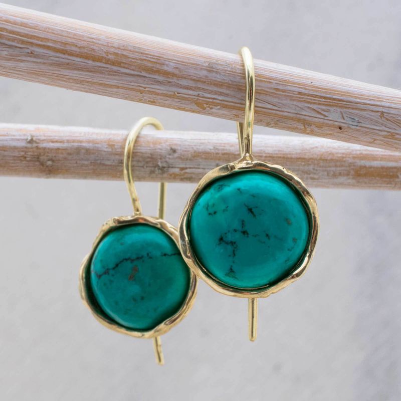 14K Yellow Gold Round Turquoise 12mm Dangle Earrings